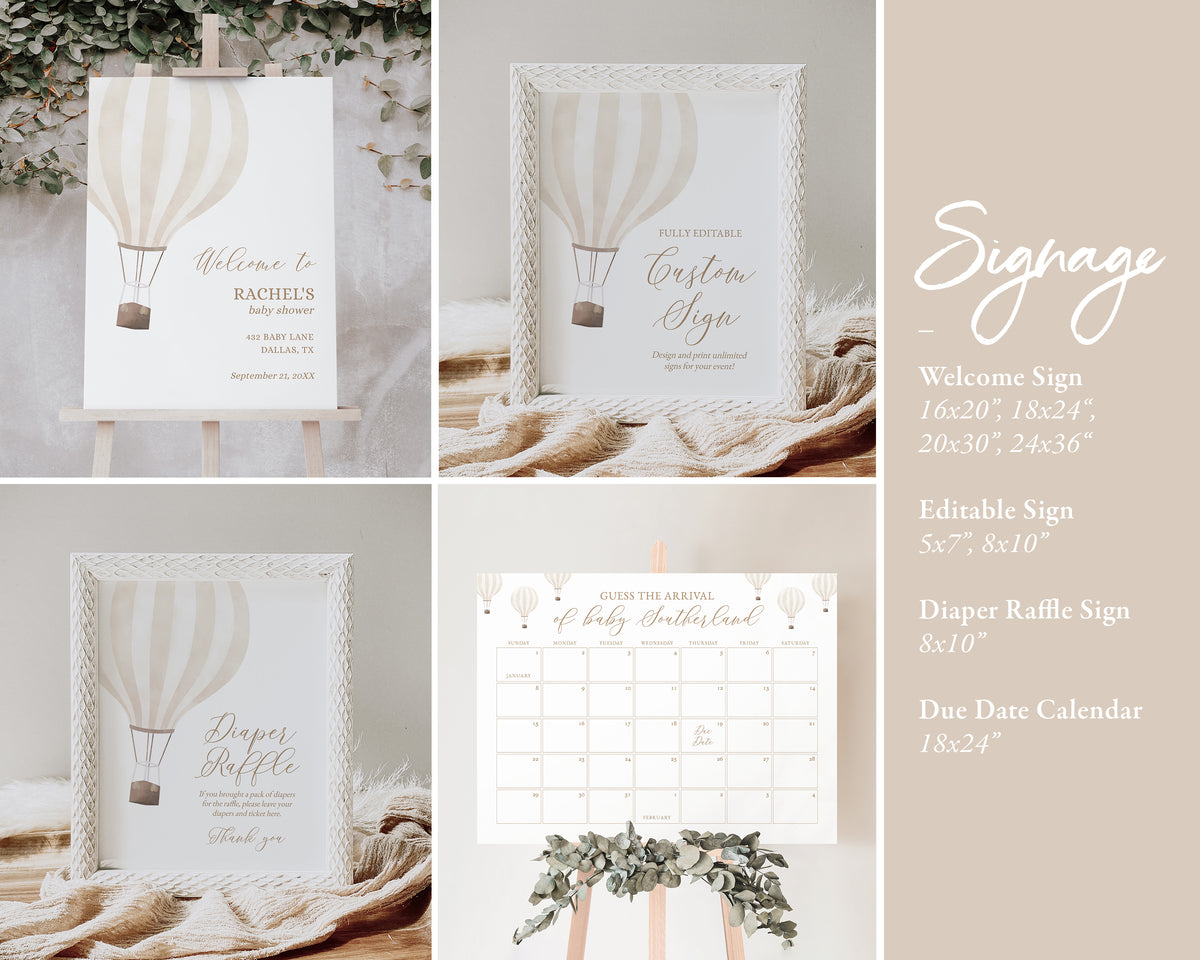 Editable Beige Hot Air Balloon Baby Shower Invitation Bundle