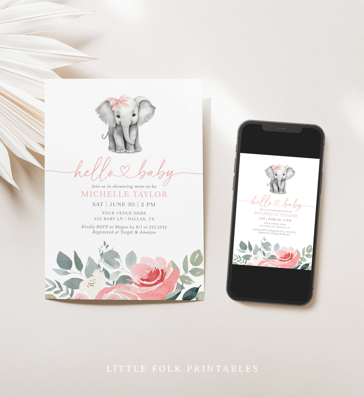 Pink Floral Elephant Baby Shower Invitation