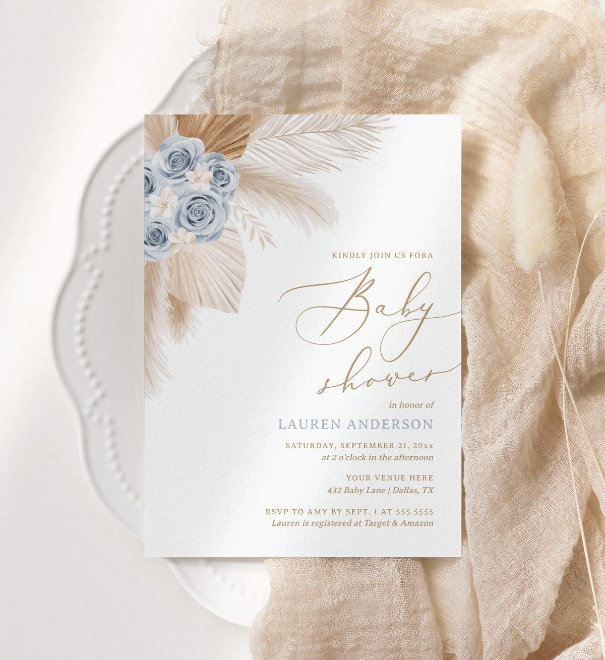 Blue Floral Pampas Grass Baby Shower Invitation Template