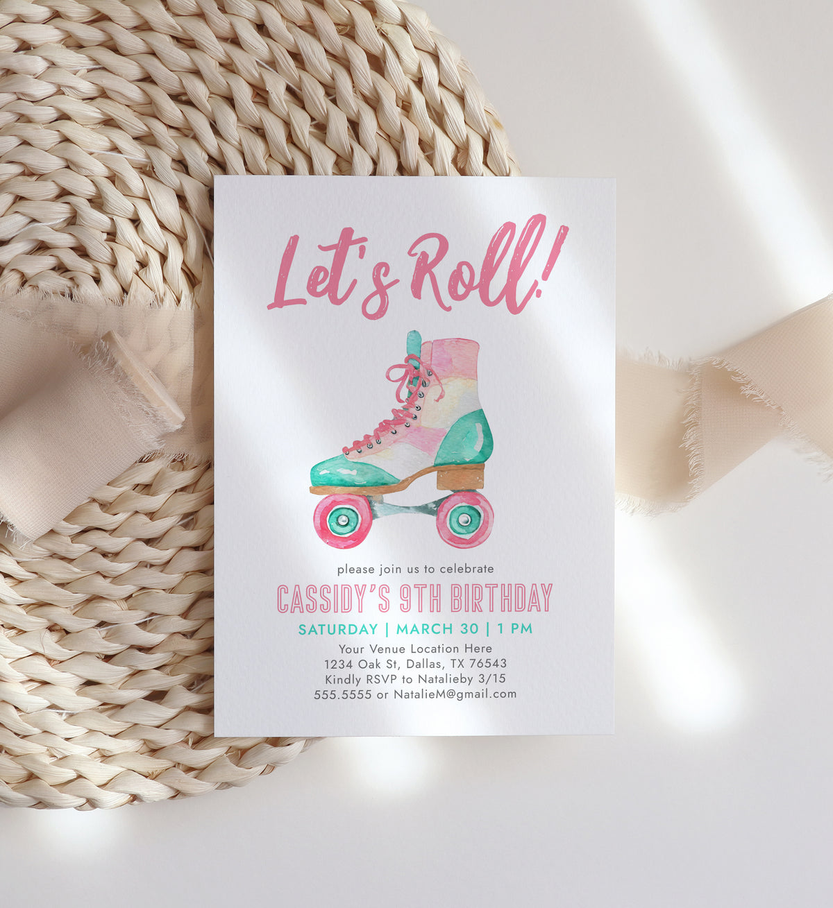 Editable Pink Roller Skate Birthday Invitation Template