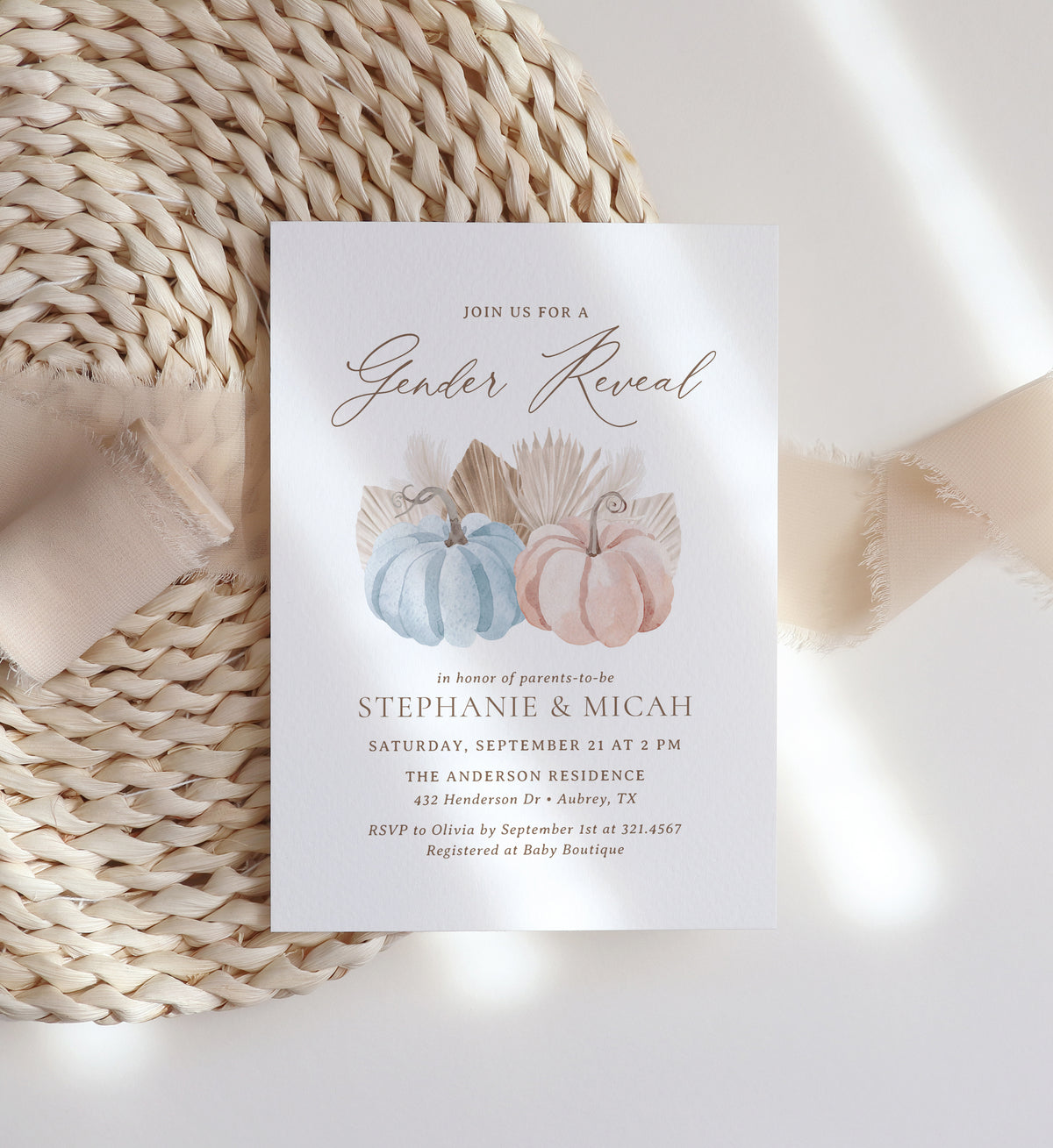 Blue and Pink Pumpkin Gender Reveal Invitation Template