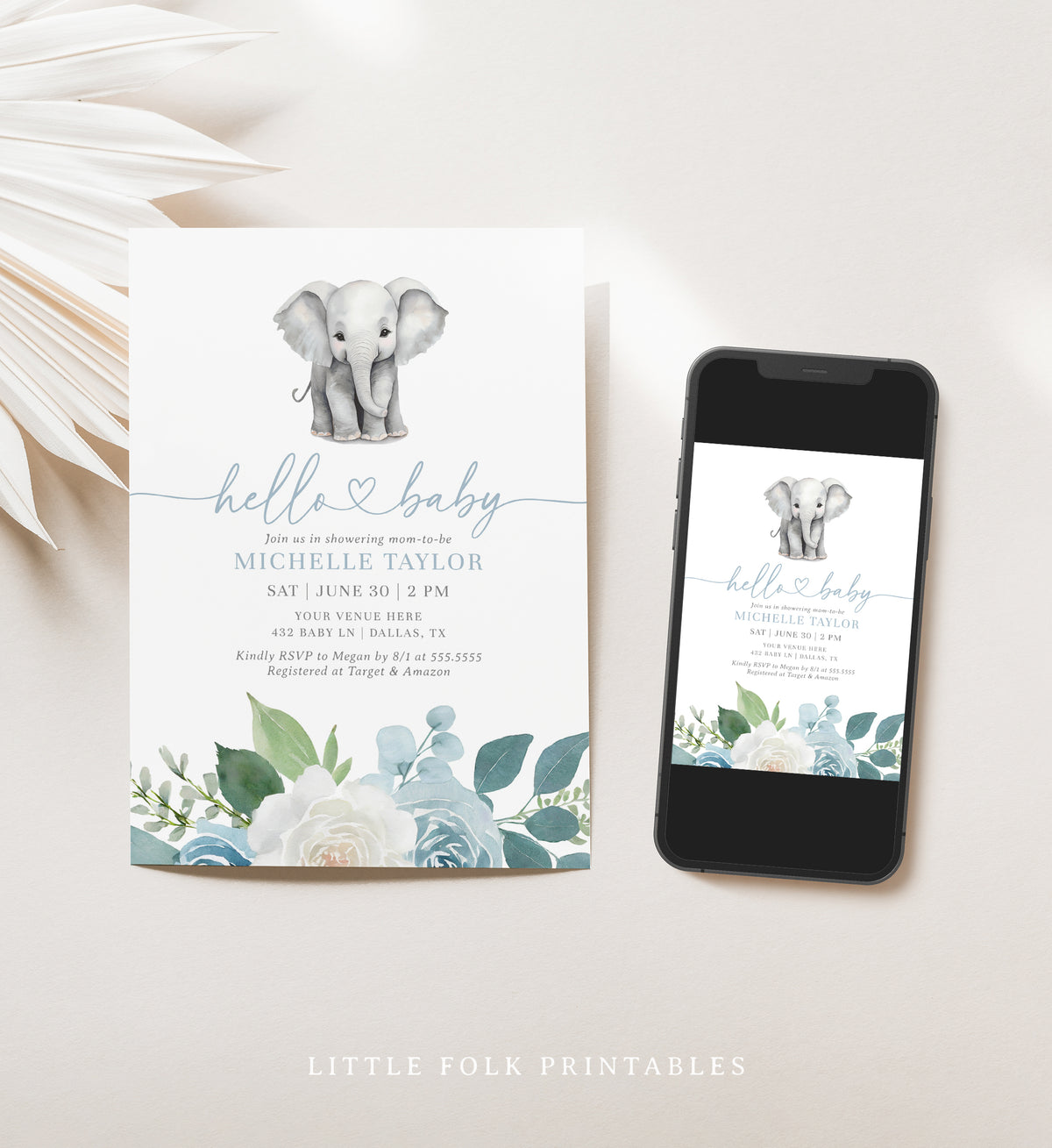 Blue Floral Elephant Baby Shower Invitation Template