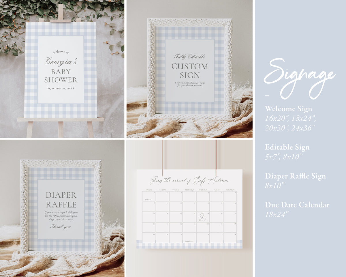 Editable Blue Gingham Baby Shower Invitation Bundle