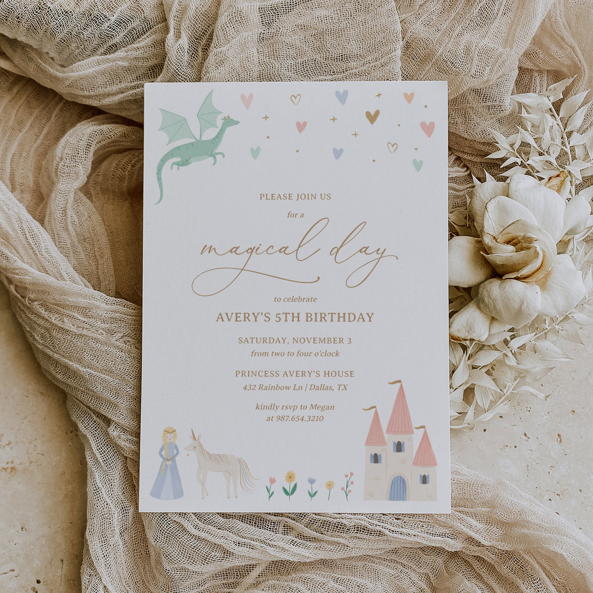 Editable Princess Dragon Birthday Party Invitation Template