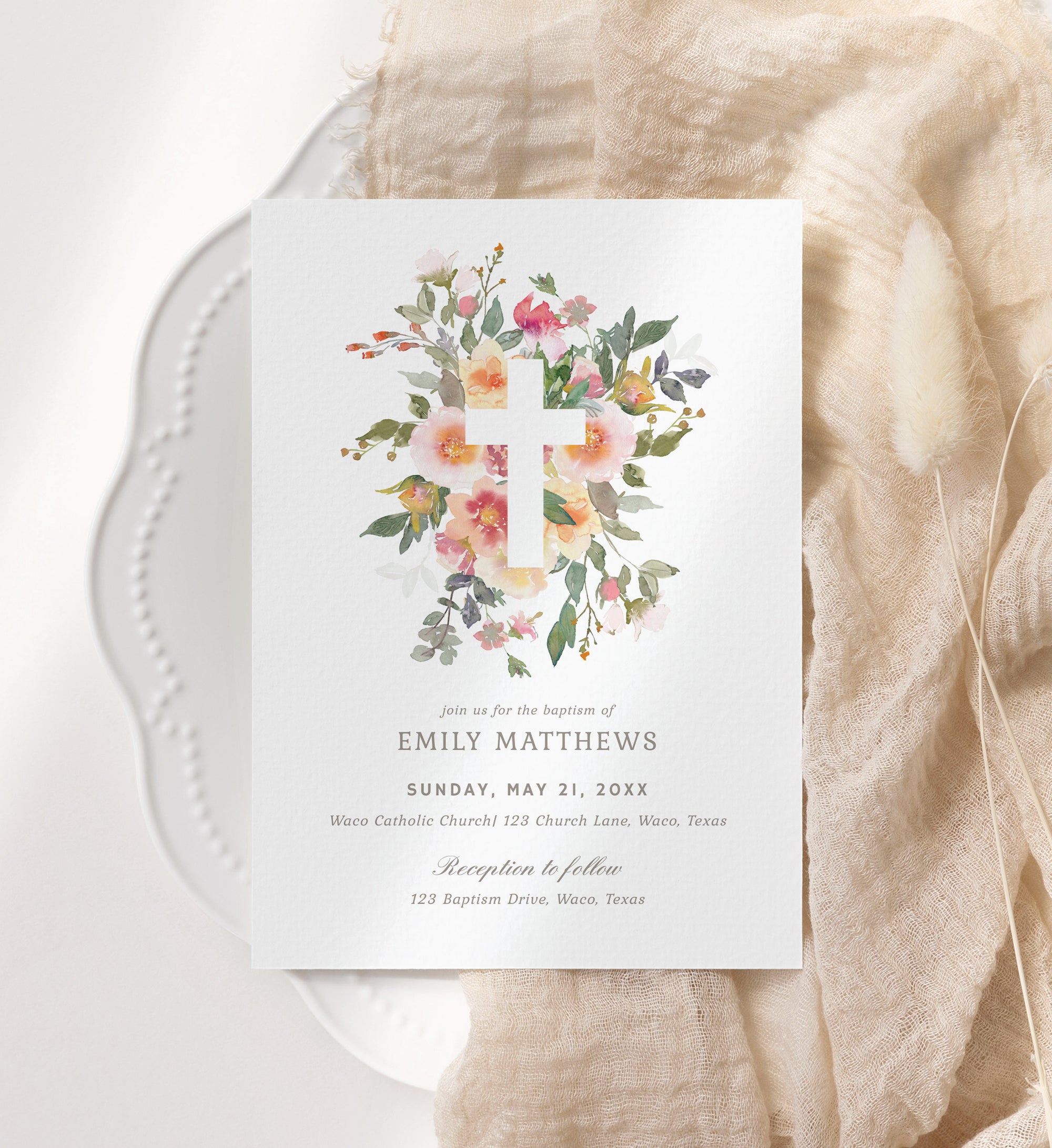 Editable Floral Cross Baptism Invitation Template