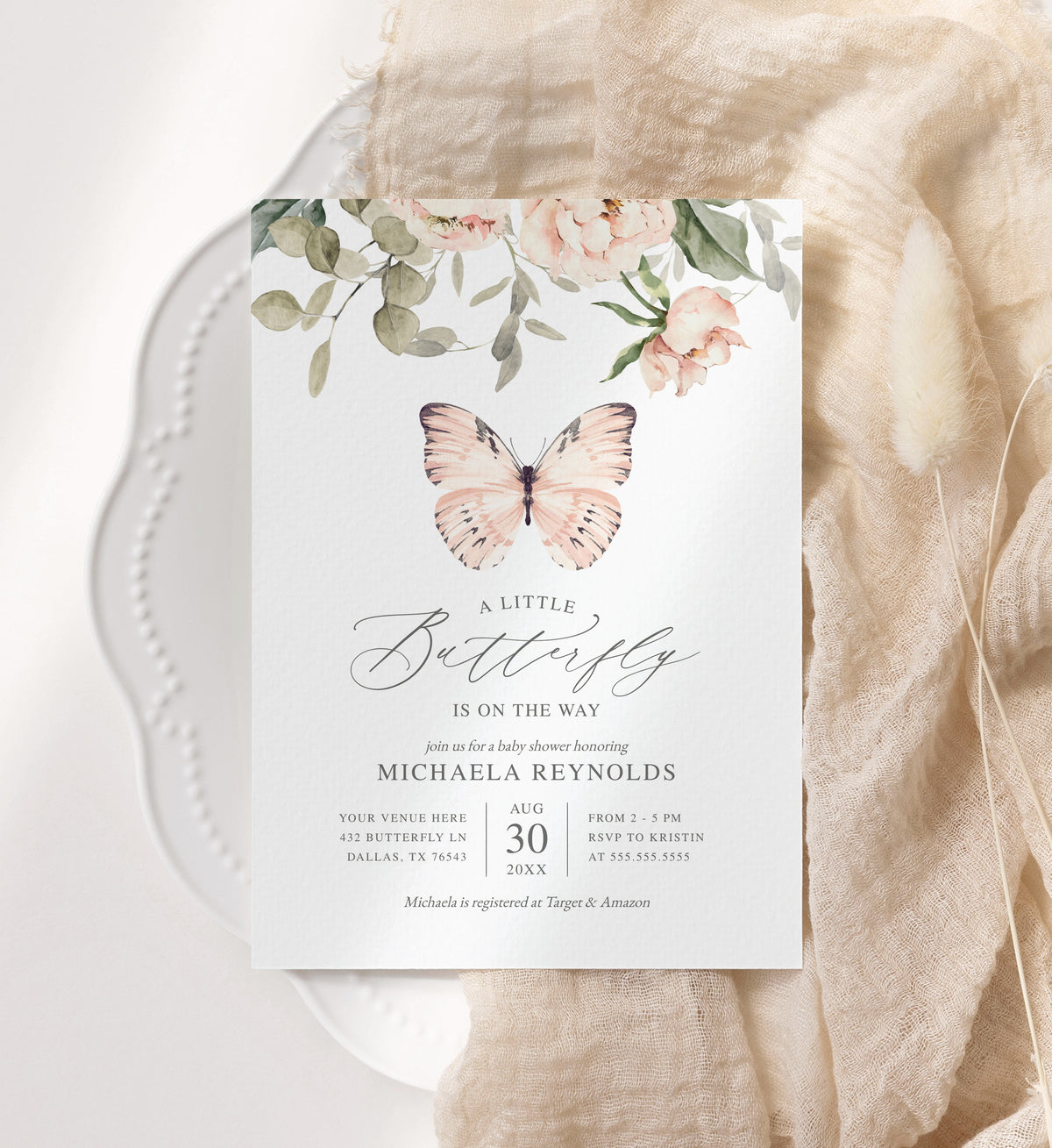 Editable Pink Butterfly Baby Shower Invitation Template