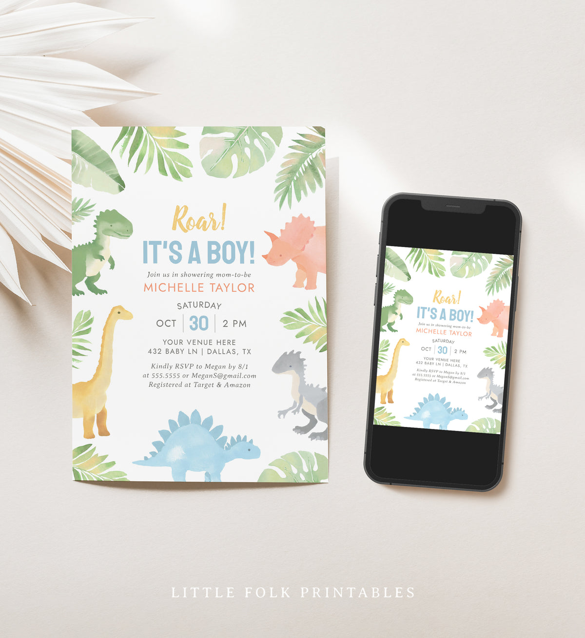 Watercolor Dinosaur Baby Shower Invitation Template