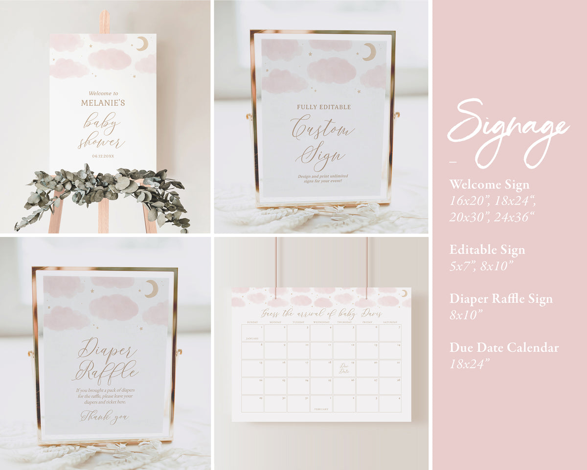 Editable Pink Over the Moon Baby Shower Invitation Bundle