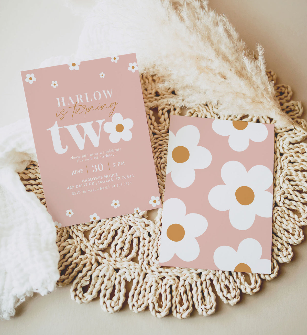 Editable Pink Daisy 2nd Birthday Invitation Template