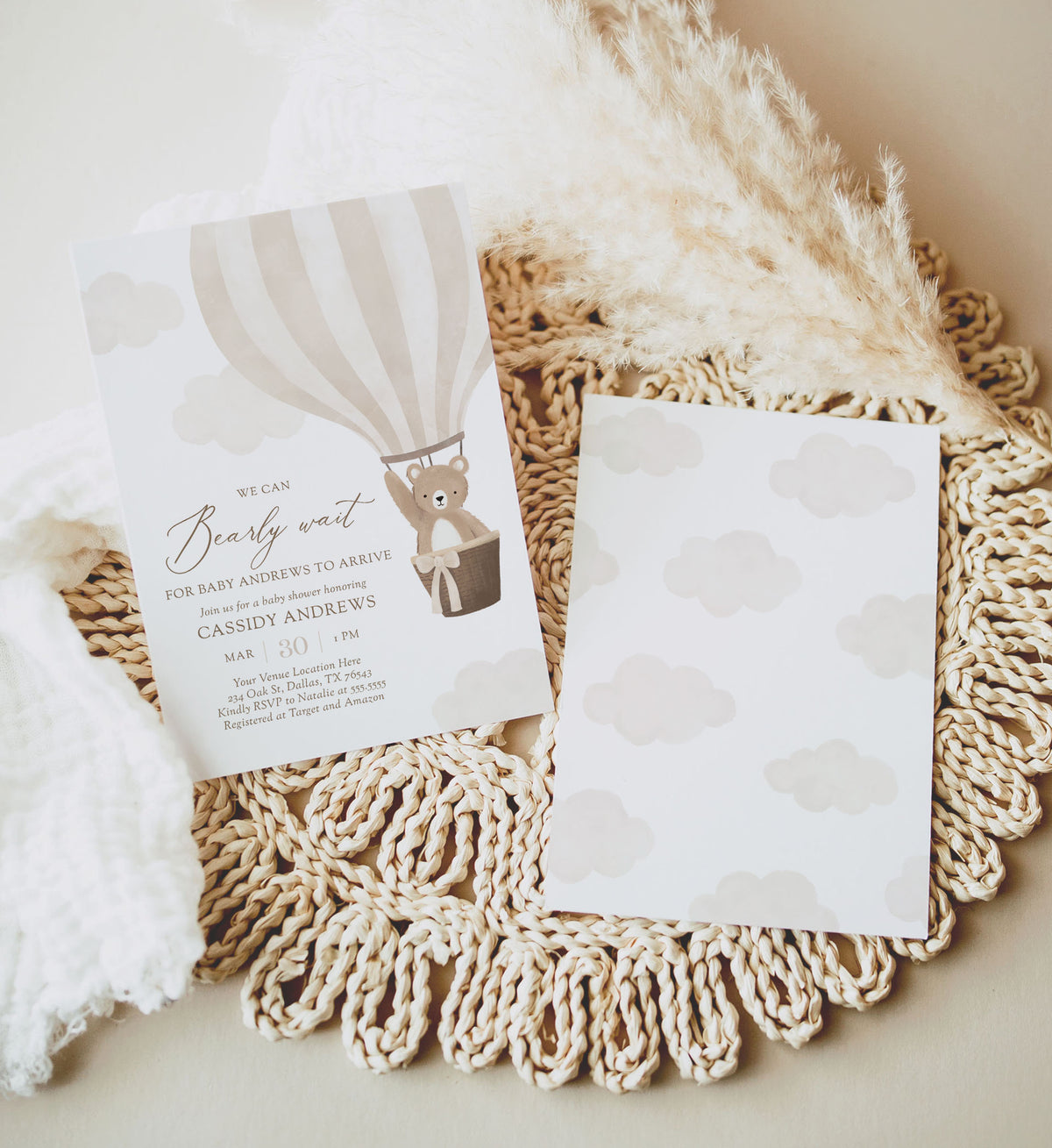 Editable Neutral Teddy Bear Hot Air Balloon Baby Shower Invitation Template