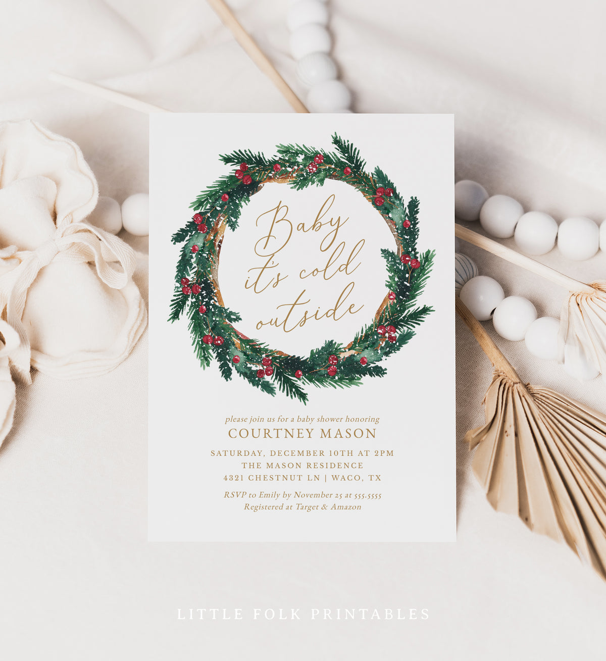 Christmas Wreath Baby Shower Invitation