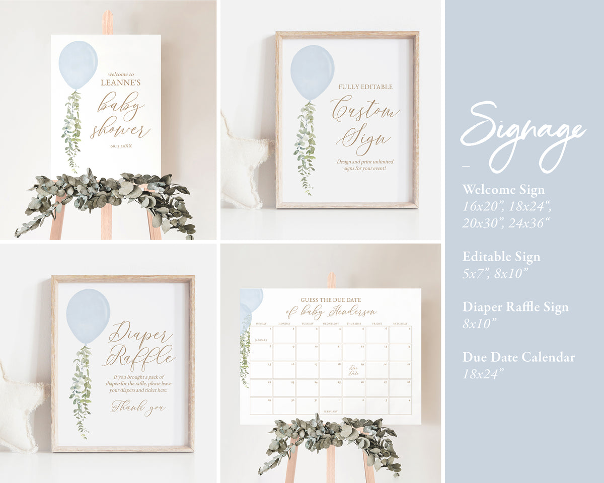 Editable Blue Balloon Baby Shower Invitation Bundle