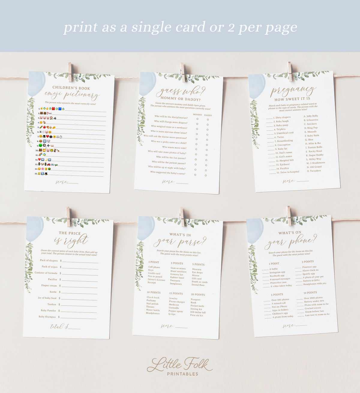 Editable Blue Balloon Baby Shower Games Bundle