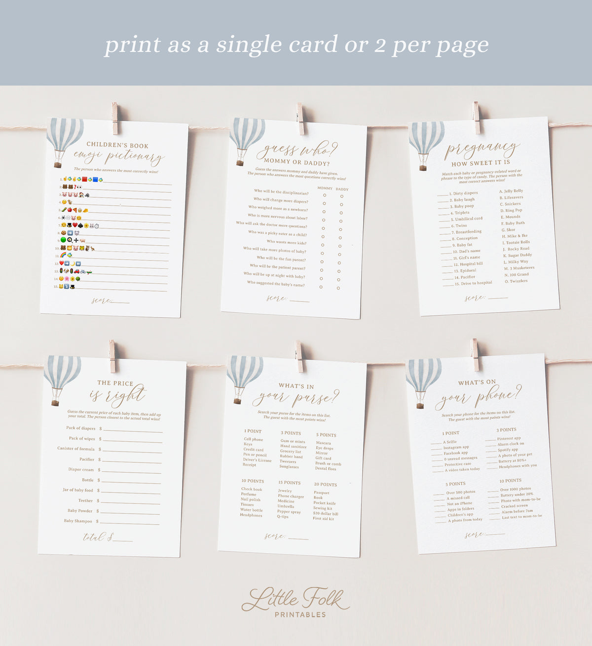 Editable Blue Hot Air Balloon Baby Shower Games Bundle