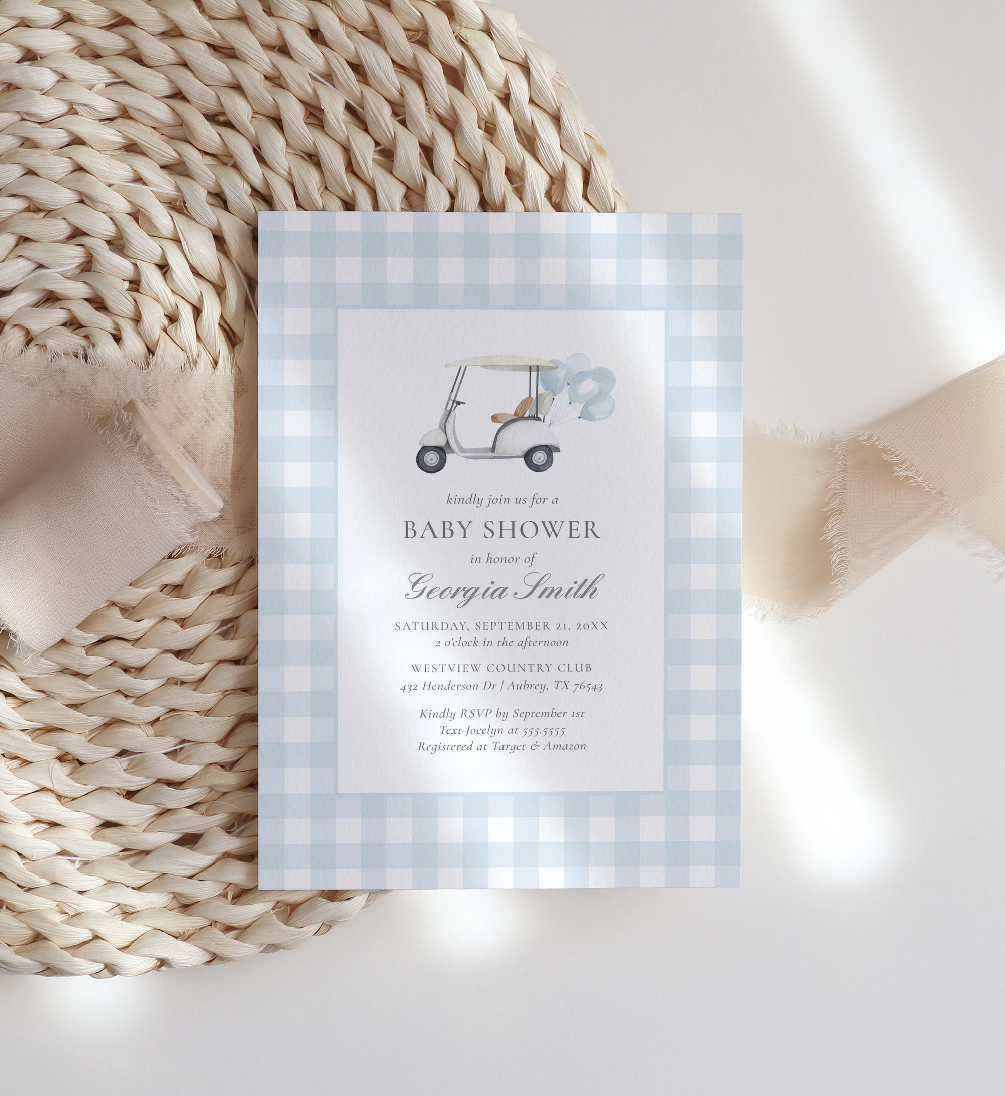 Editable Blue Gingham Golf Baby Shower Invitation Template