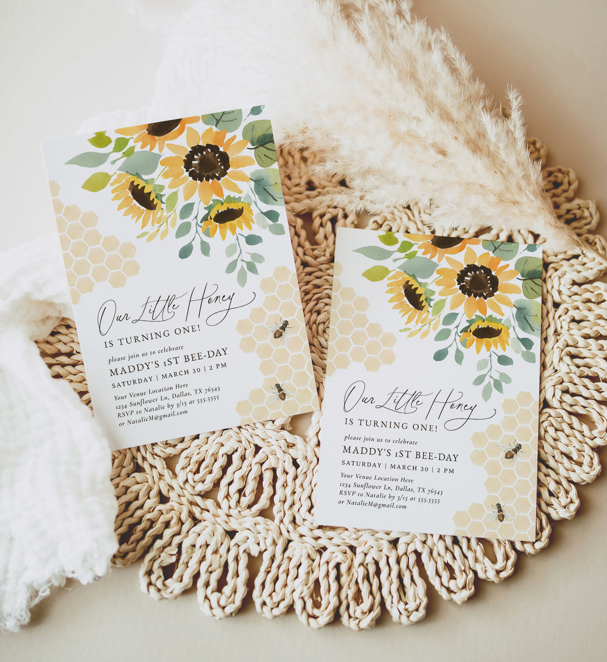 Editable Little Honey Bee 1st Birthday Invitation Template