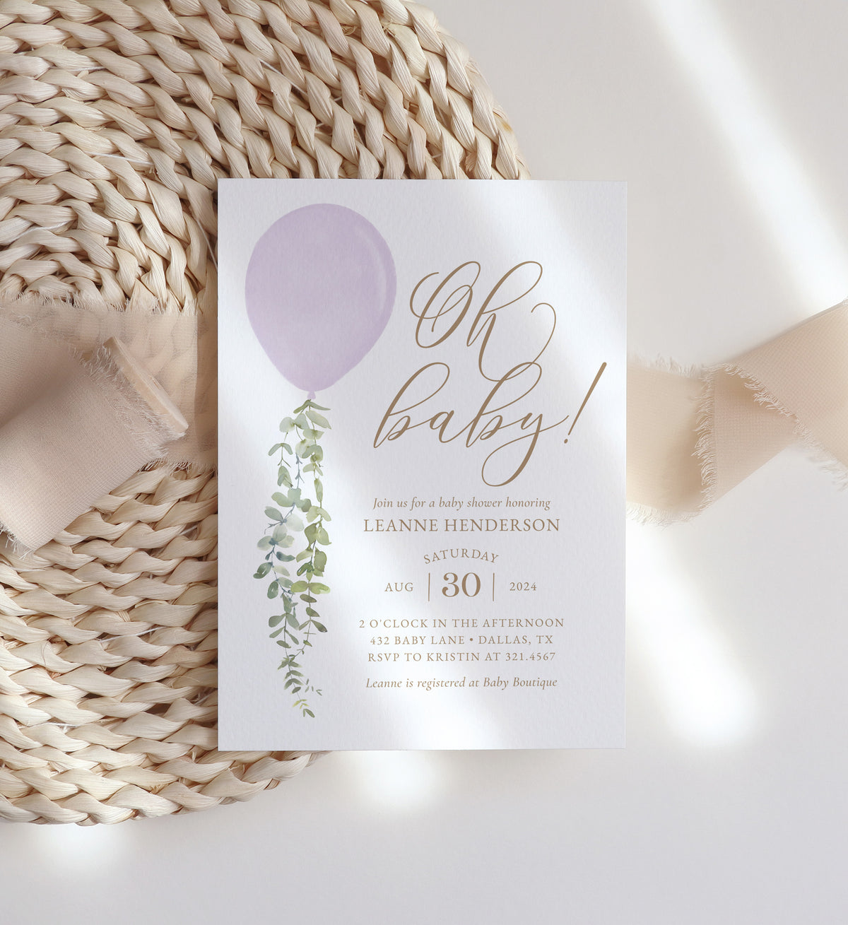 Purple Balloon Baby Shower Invitation Template