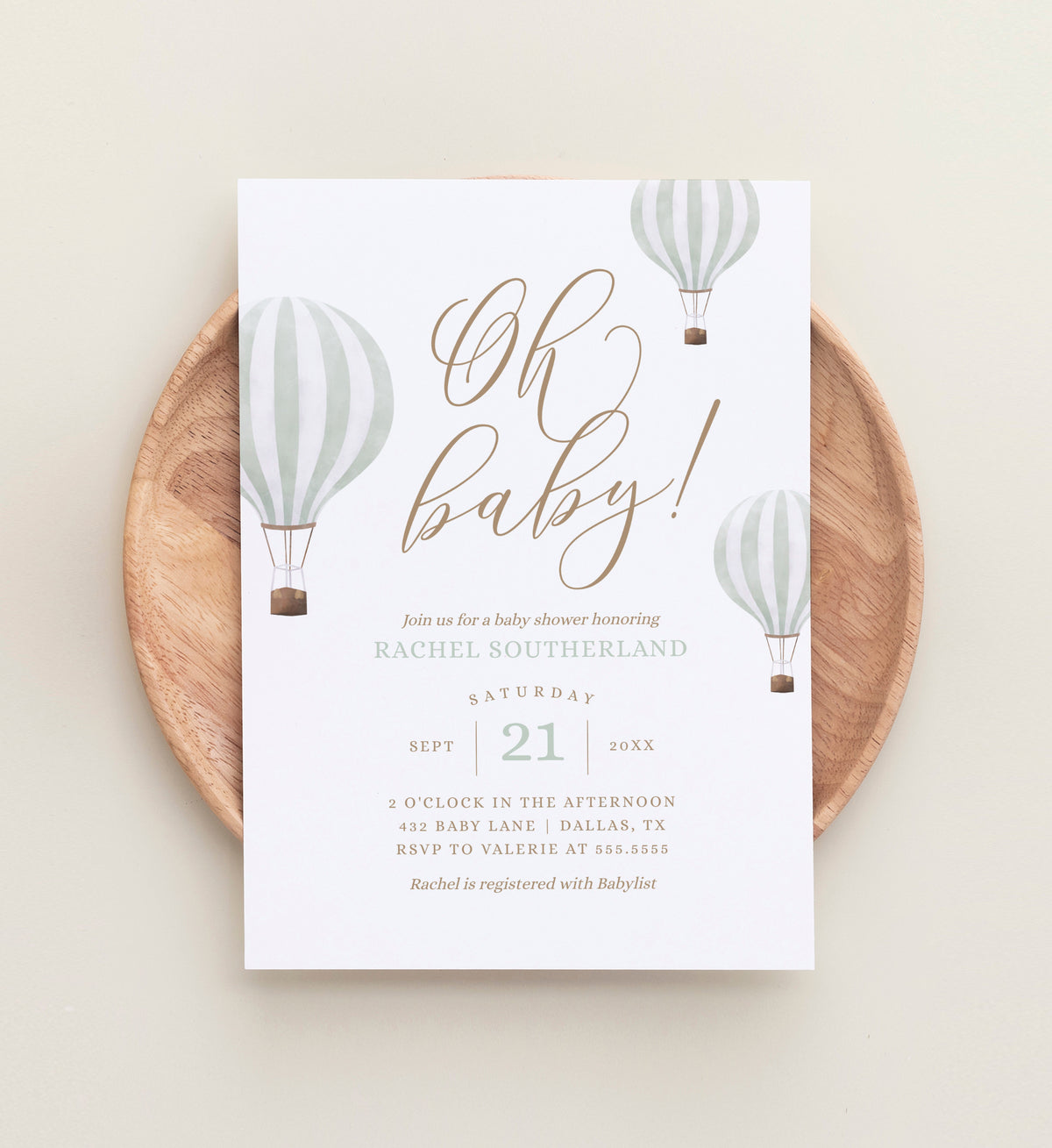 Editable Mint Green Hot Air Balloon Baby Shower Invitation Template