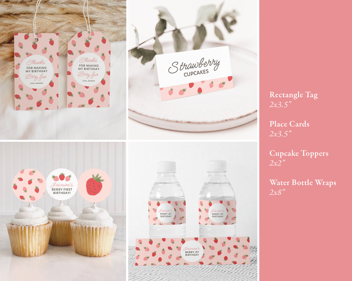 Editable Strawberry 1st Birthday Bundle