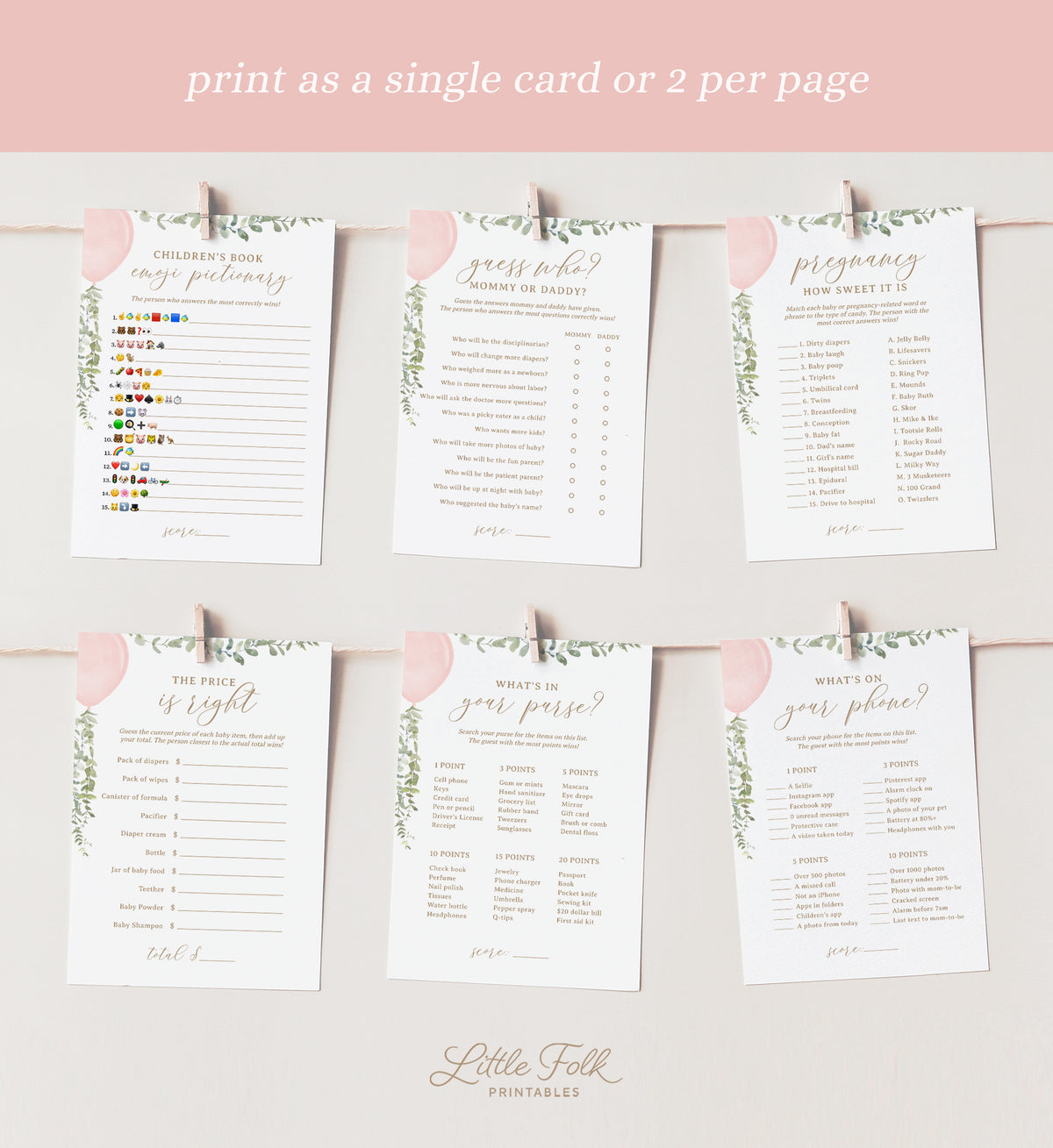 Editable Pink Balloon Baby Shower Games Bundle