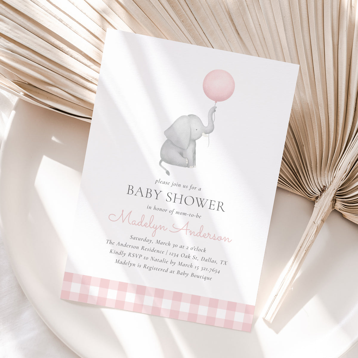 Elephant with Pink Balloon Invitation Template
