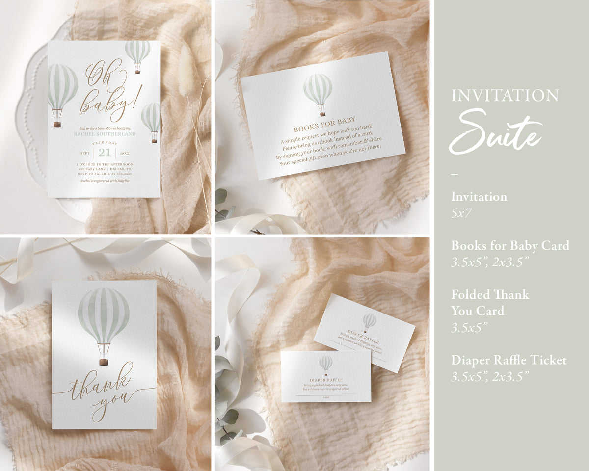 Editable Green Hot Air Balloon Baby Shower Invitation Bundle