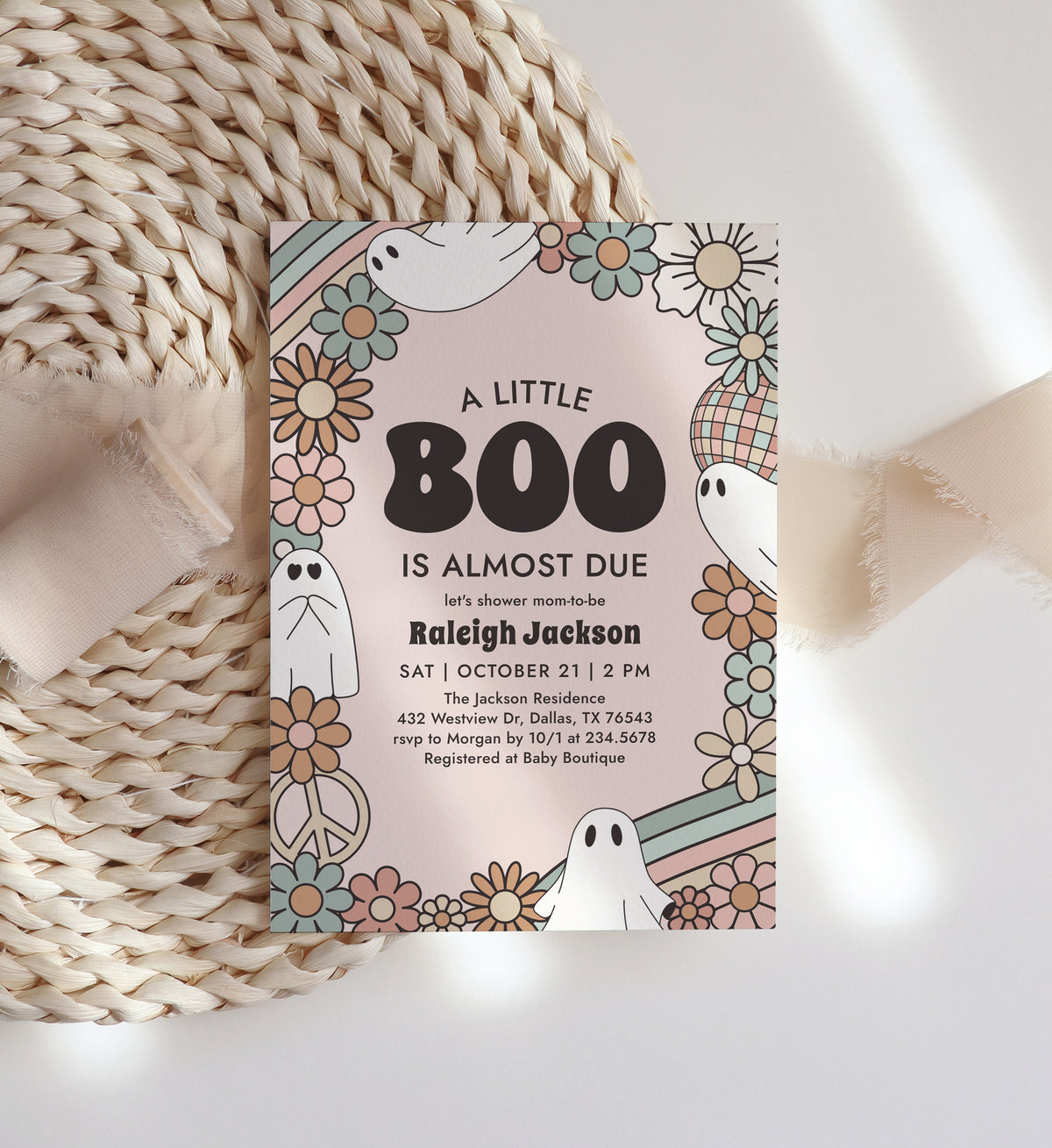 Little Boo Retro Ghost Baby Shower Invitation Template (Pink)