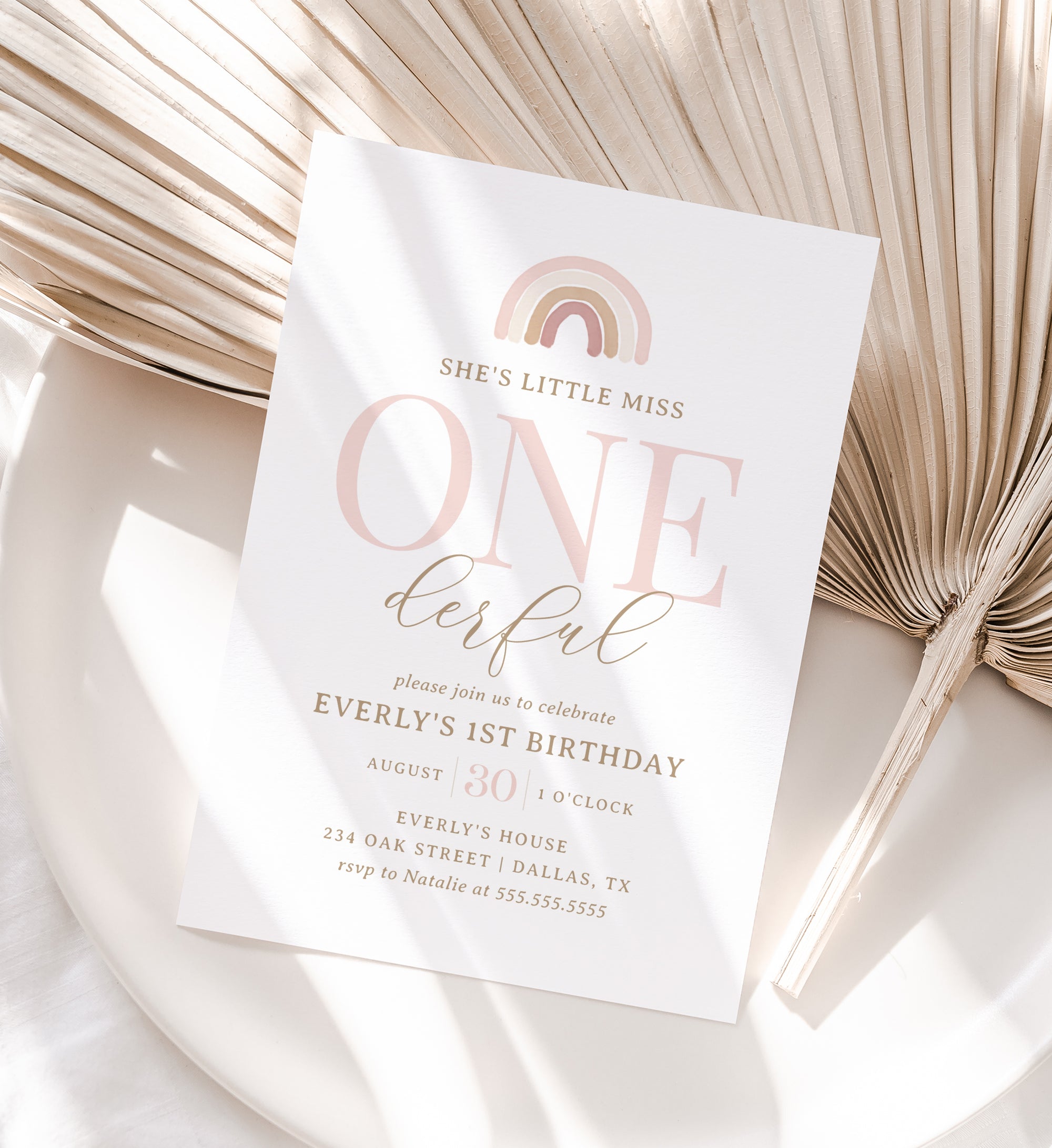 Editable Pink Rainbow 1st Birthday Invitation Template