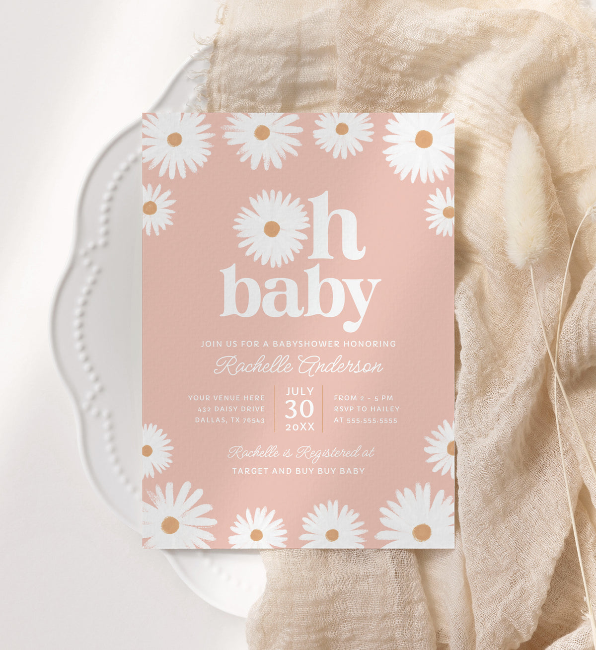Oh Baby Pink Daisy Baby Shower Invitation Template