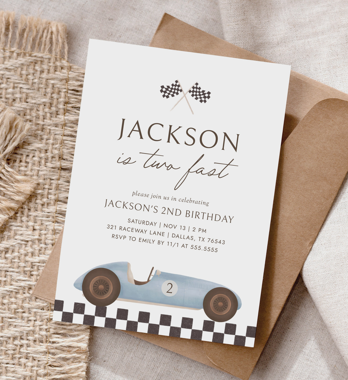 Editable Vintage Race Car 2nd Birthday Invitation Template
