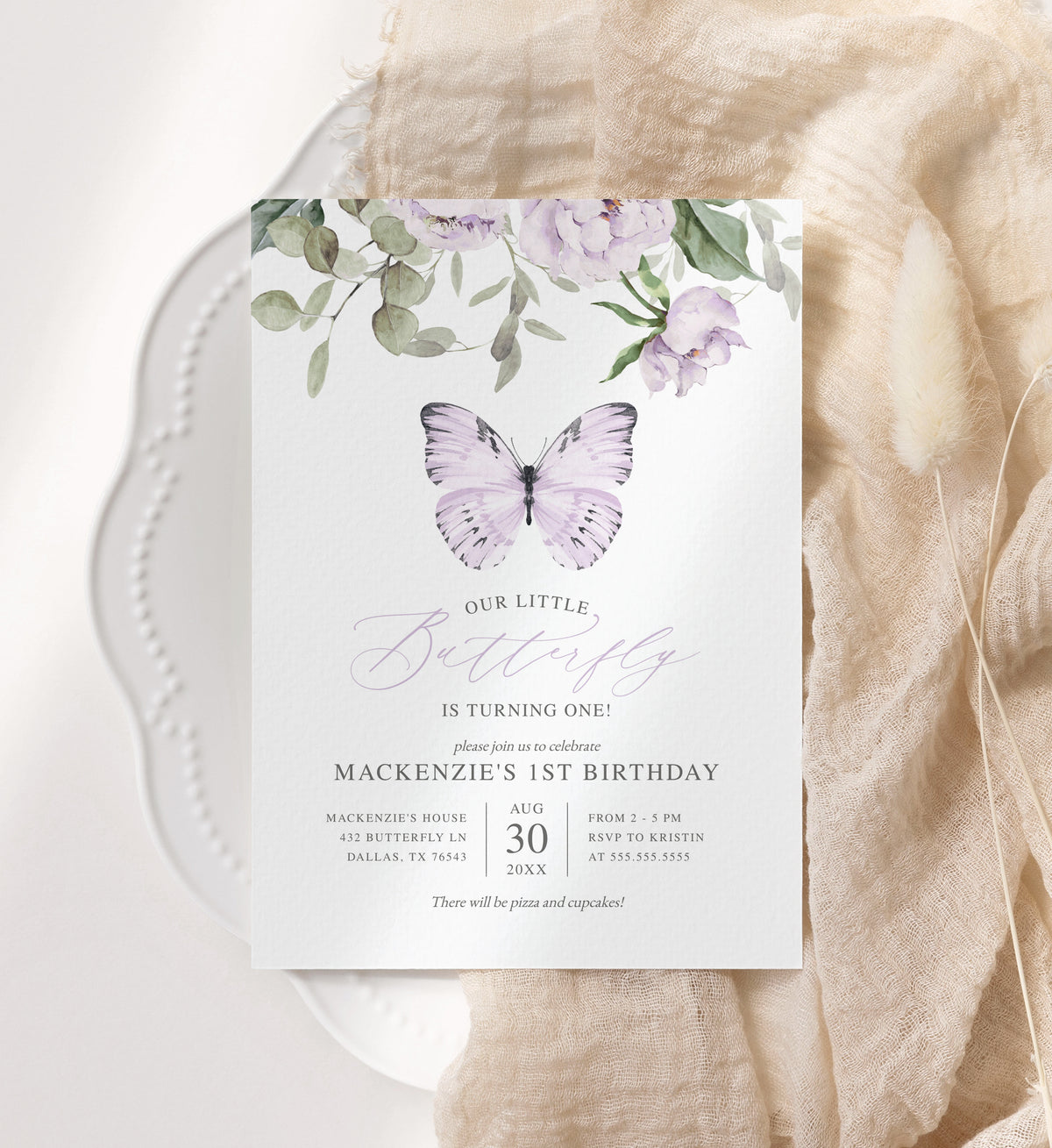 Editable Purple Butterfly Birthday Invitation Template
