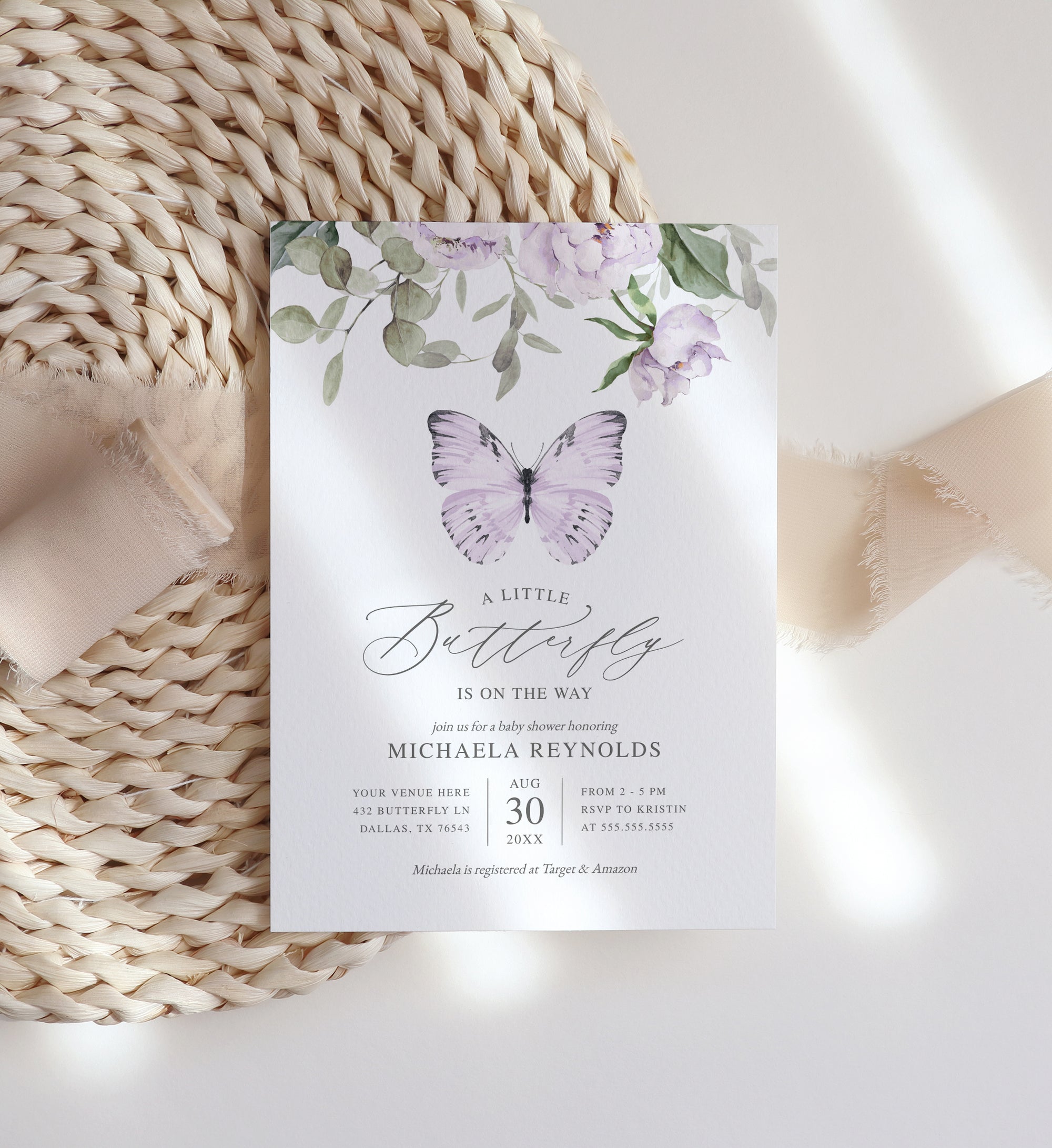 Editable Purple Butterfly Baby Shower Invitation Template