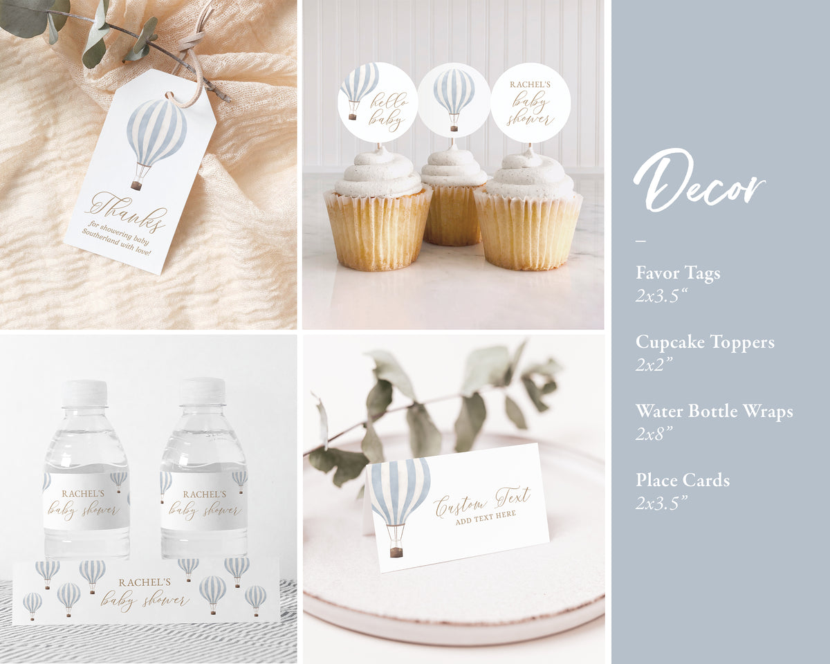 Editable Blue Hot Air Balloon Baby Shower Invitation Bundle