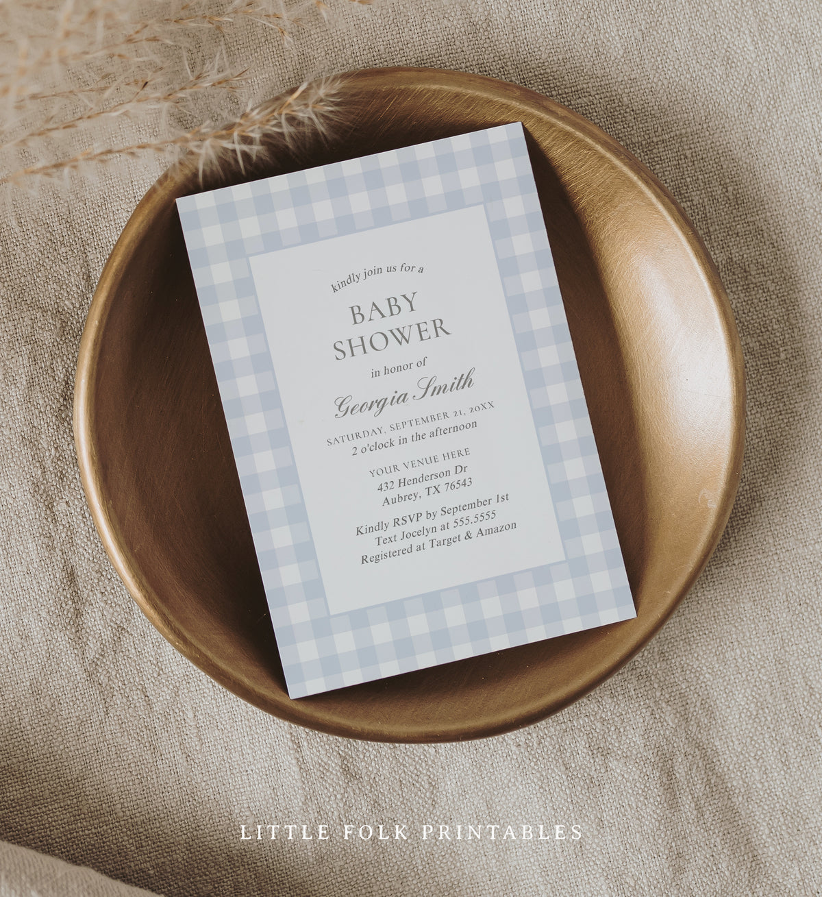 Editable Blue Gingham Baby Shower Invitation Template