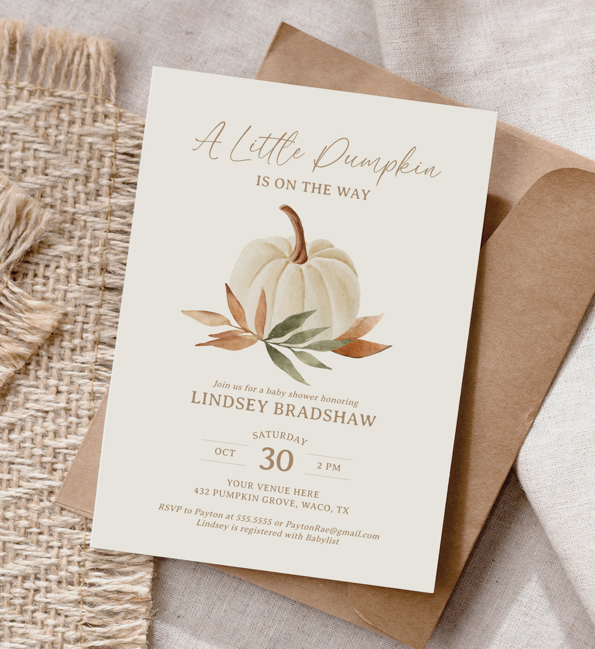 Editable Little Pumpkin Baby Shower Invitation Template