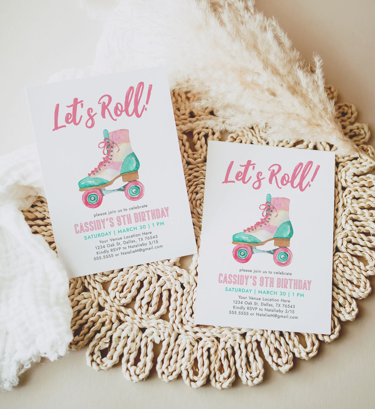 Editable Pink Roller Skate Birthday Invitation Template