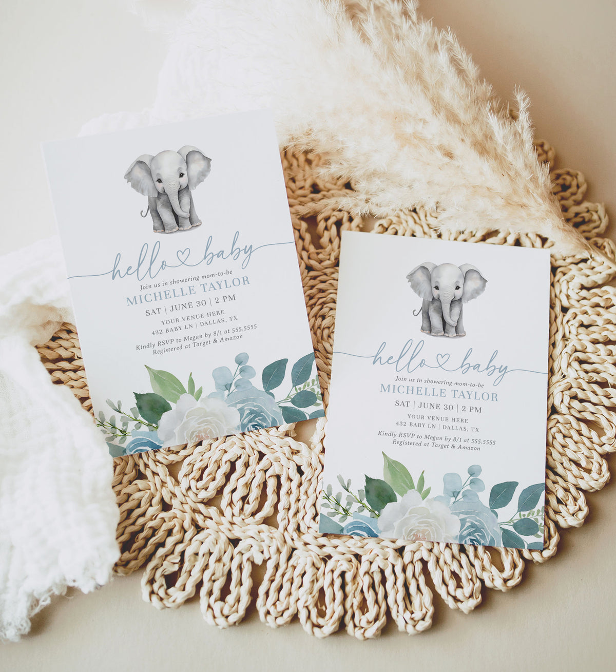 Blue Floral Elephant Baby Shower Invitation Template