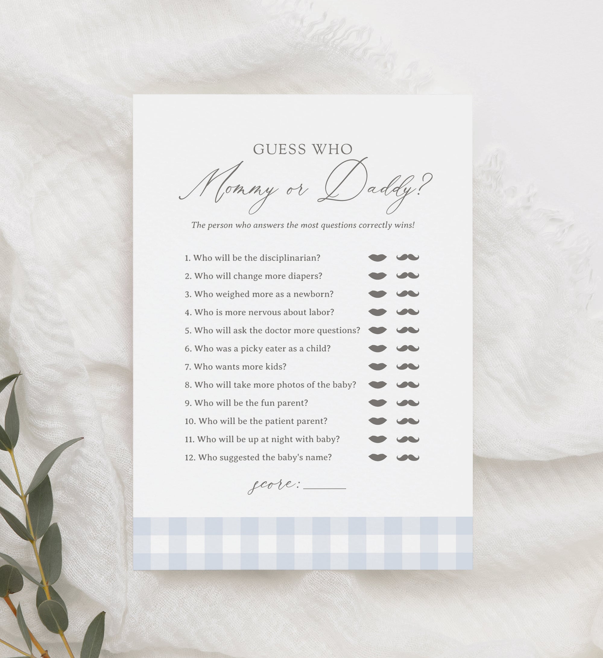 Editable Blue Gingham Baby Shower "Guess Who? Mommy or Daddy" Template