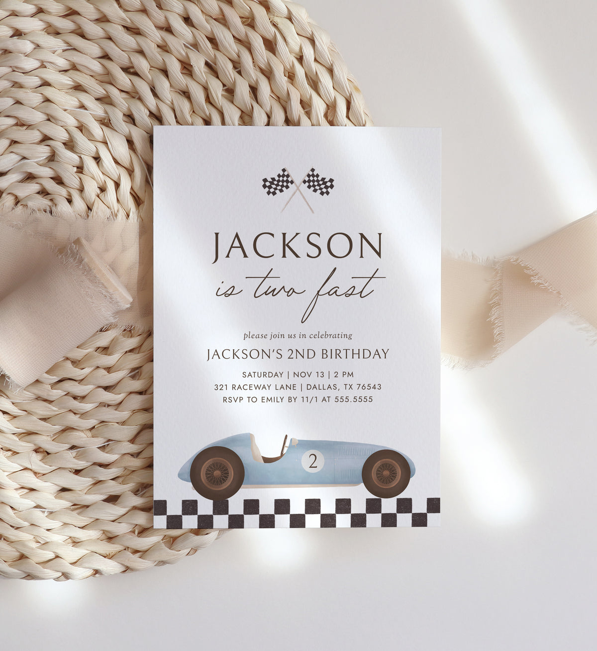 Editable Vintage Race Car 2nd Birthday Invitation Template