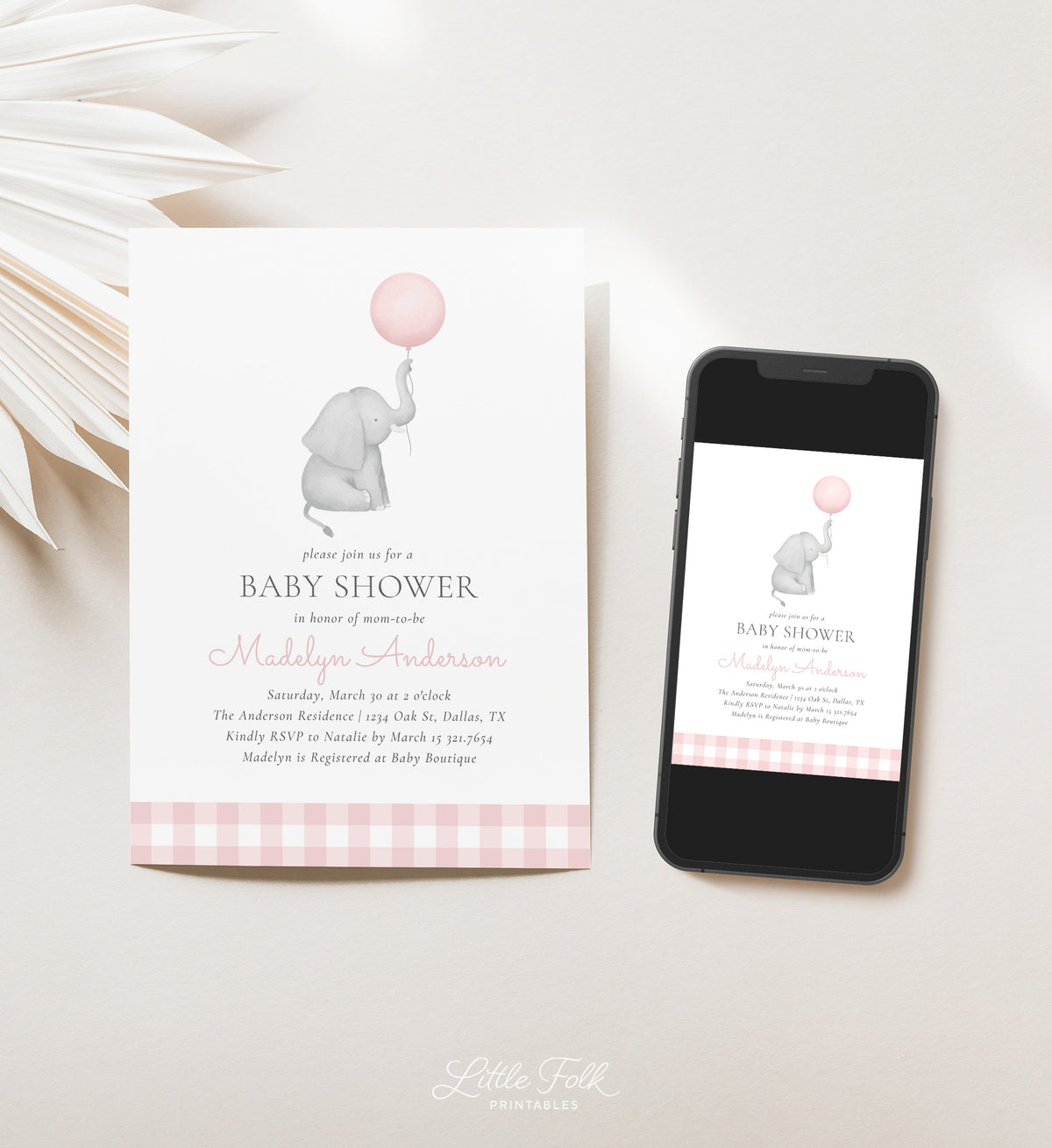 Elephant with Pink Balloon Invitation Template