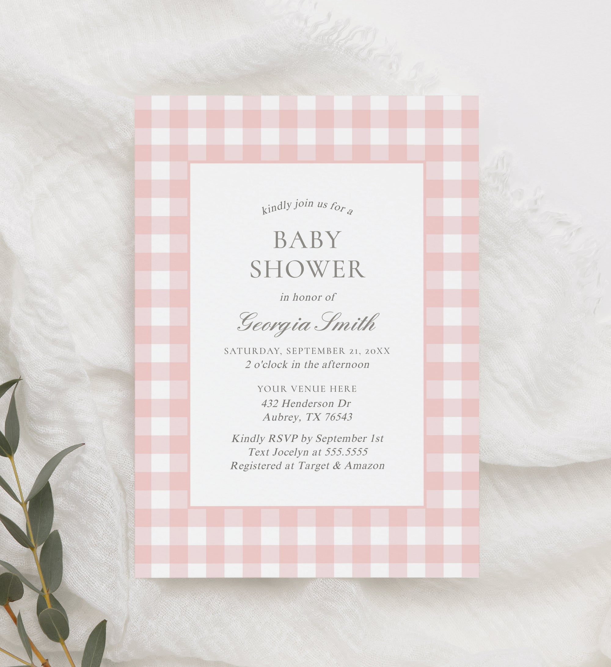 Editable Pink Gingham Baby Shower Invitation Template