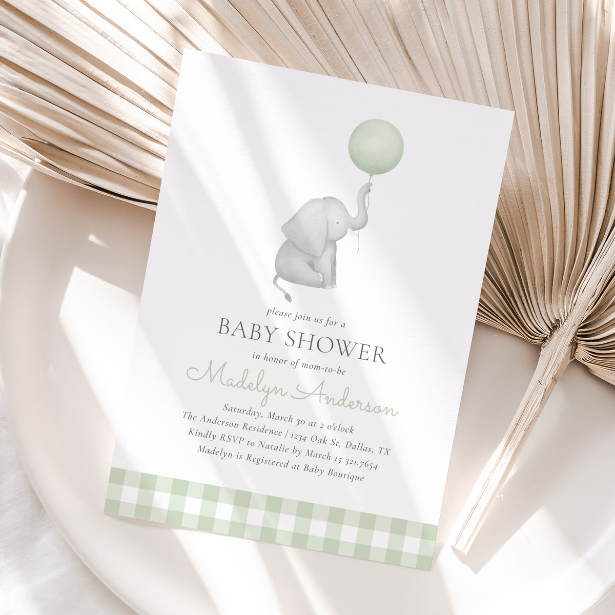 Elephant with Sage Green Balloon Invitation Template