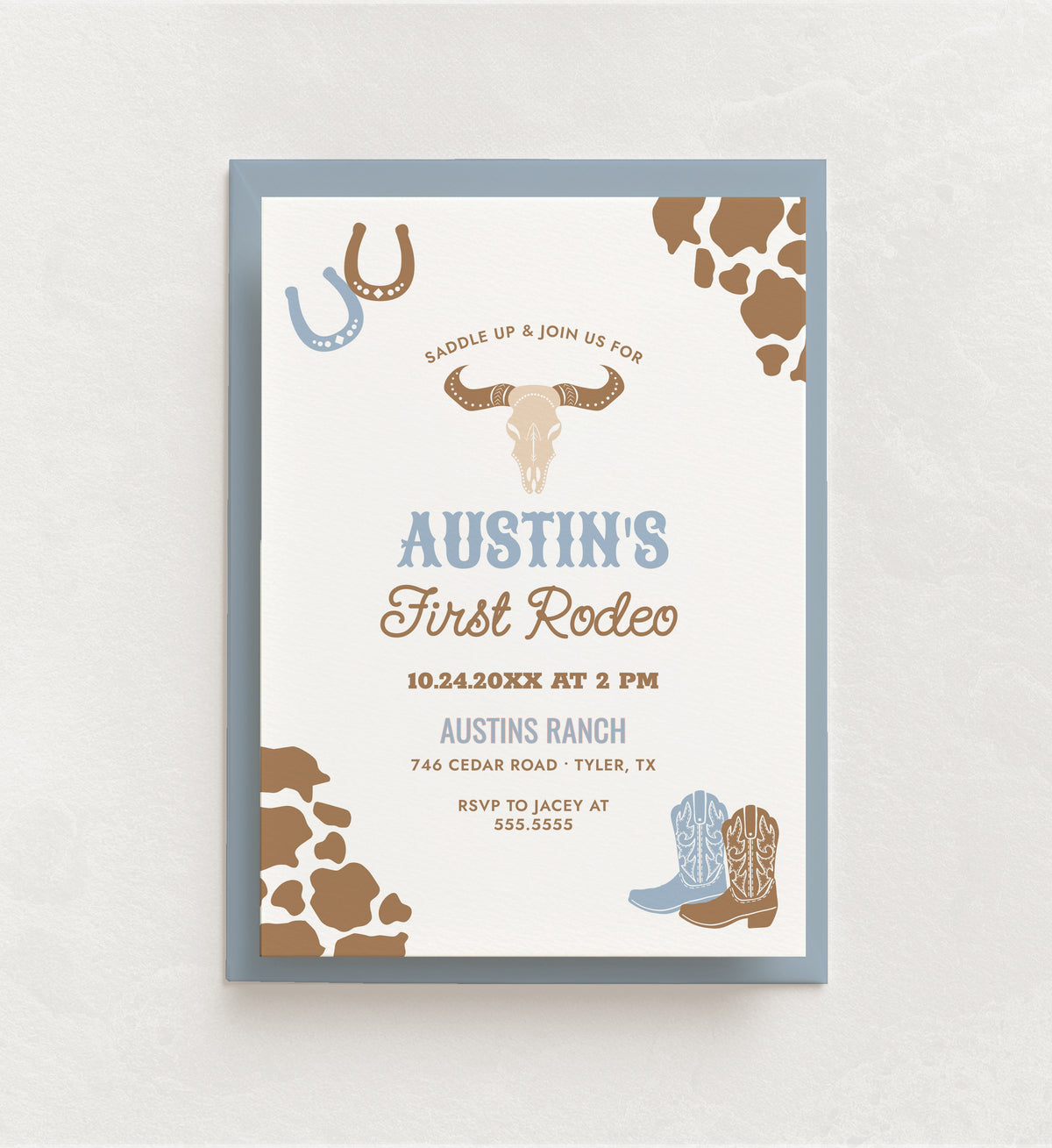 Editable Blue First Rodeo Birthday Invitation Template