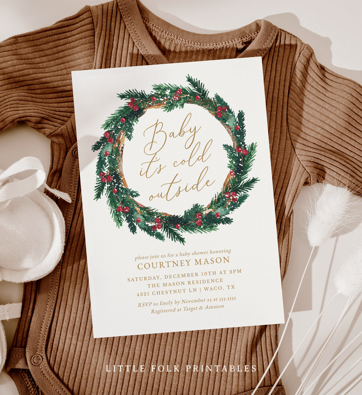 Christmas Wreath Baby Shower Invitation