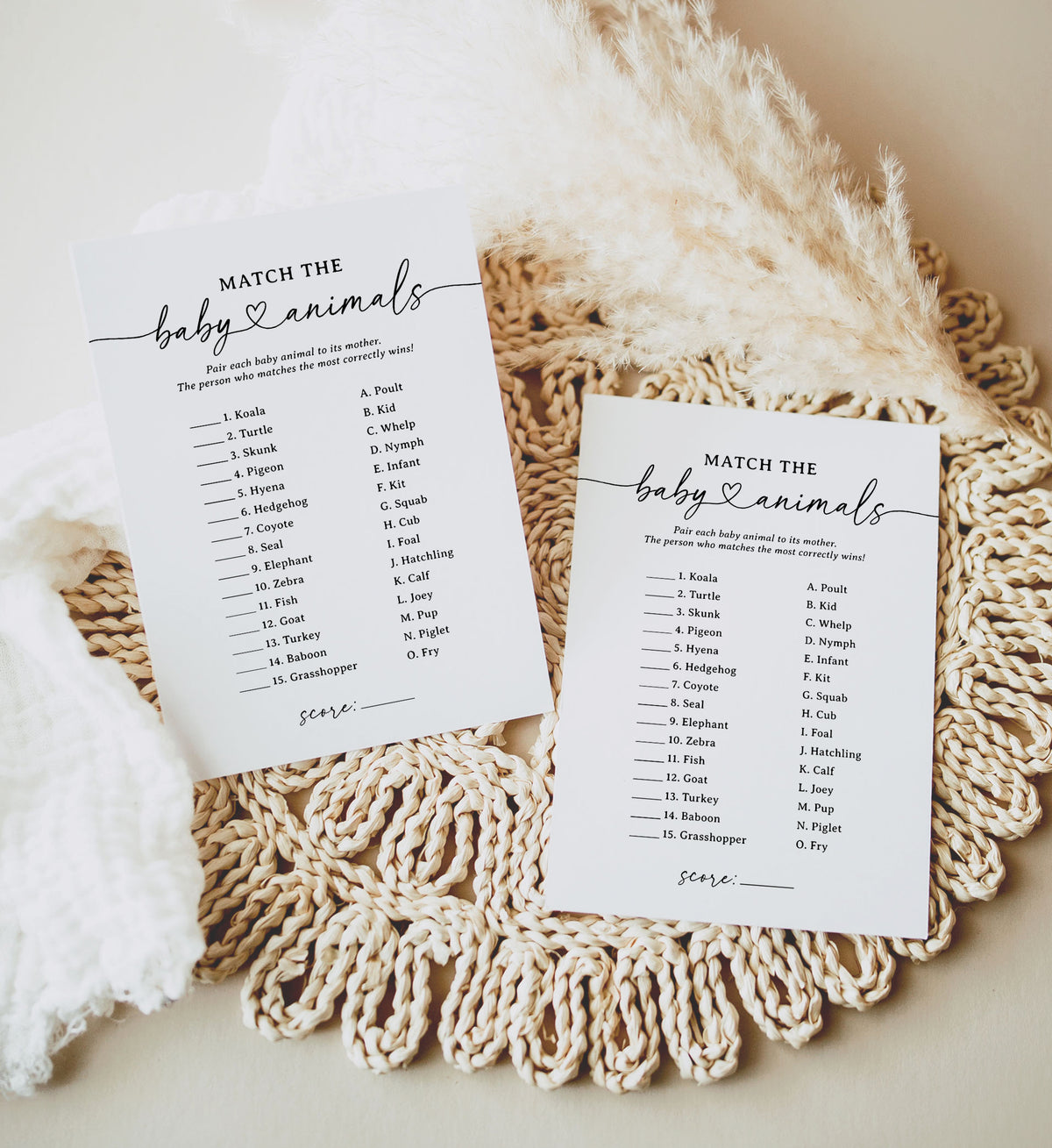 Minimal Animal Matching Baby Shower Game Template