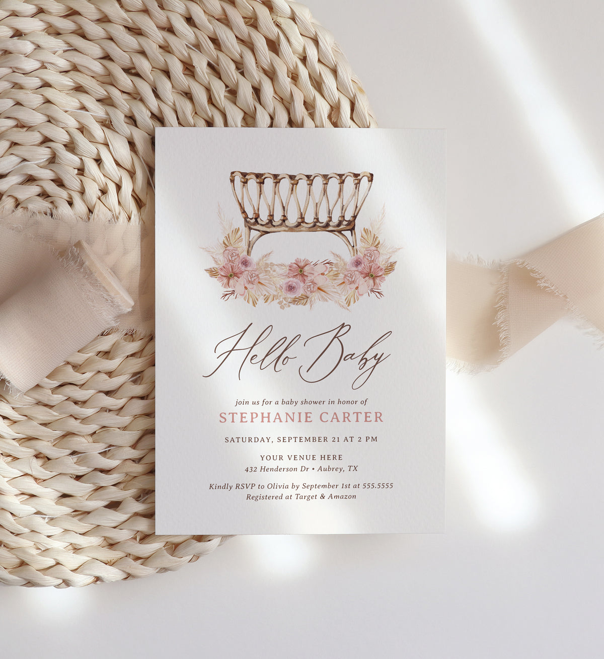 Boho Bassinet Baby Shower Invitation