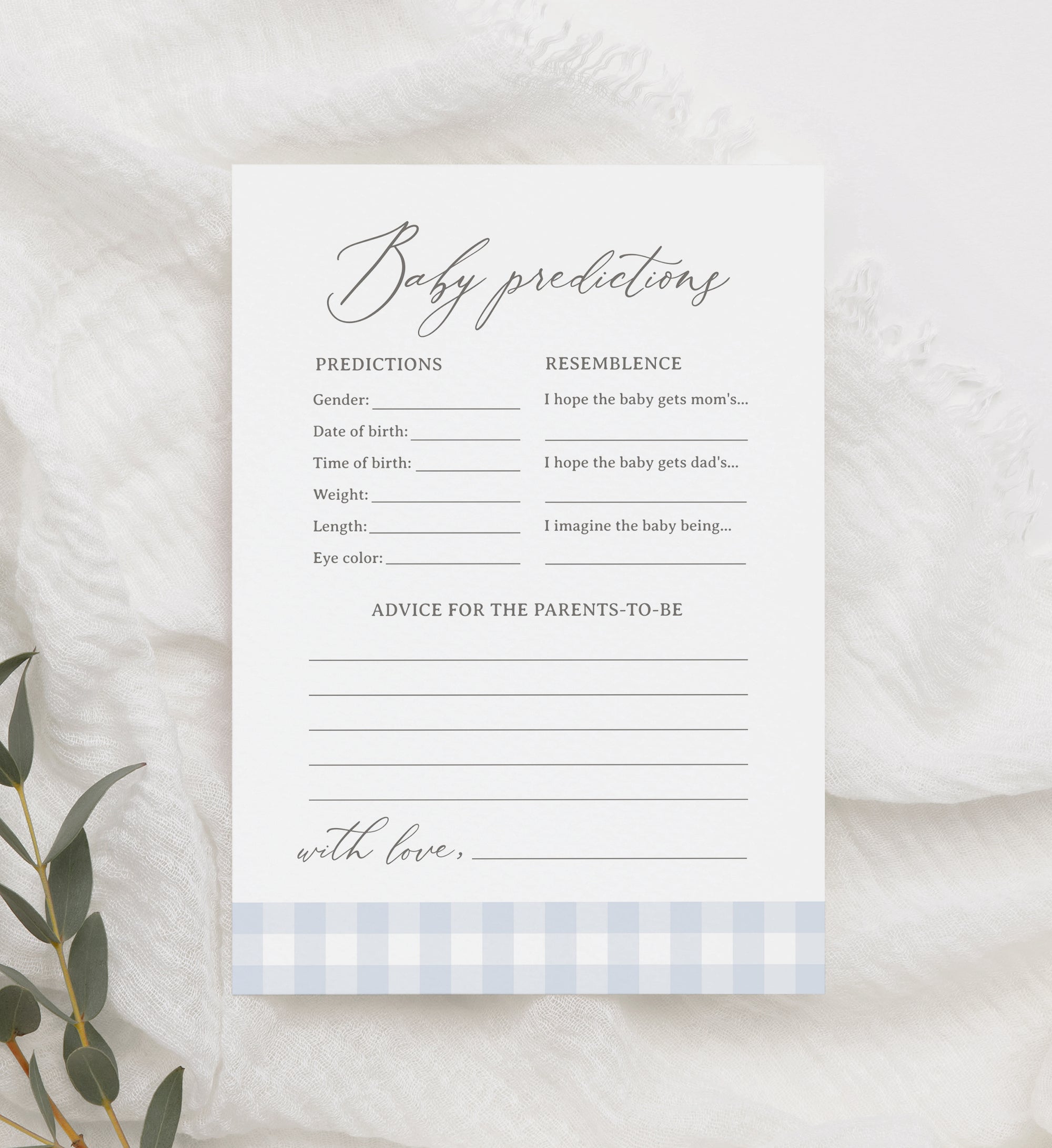 Editable Blue Gingham Baby Shower Predications and Advice Template