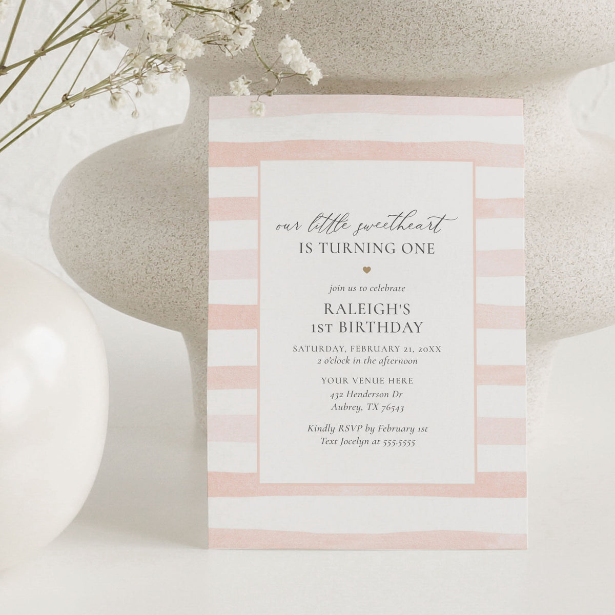 Pink Watercolor Stripe Little Sweetheart Birthday Invitation
