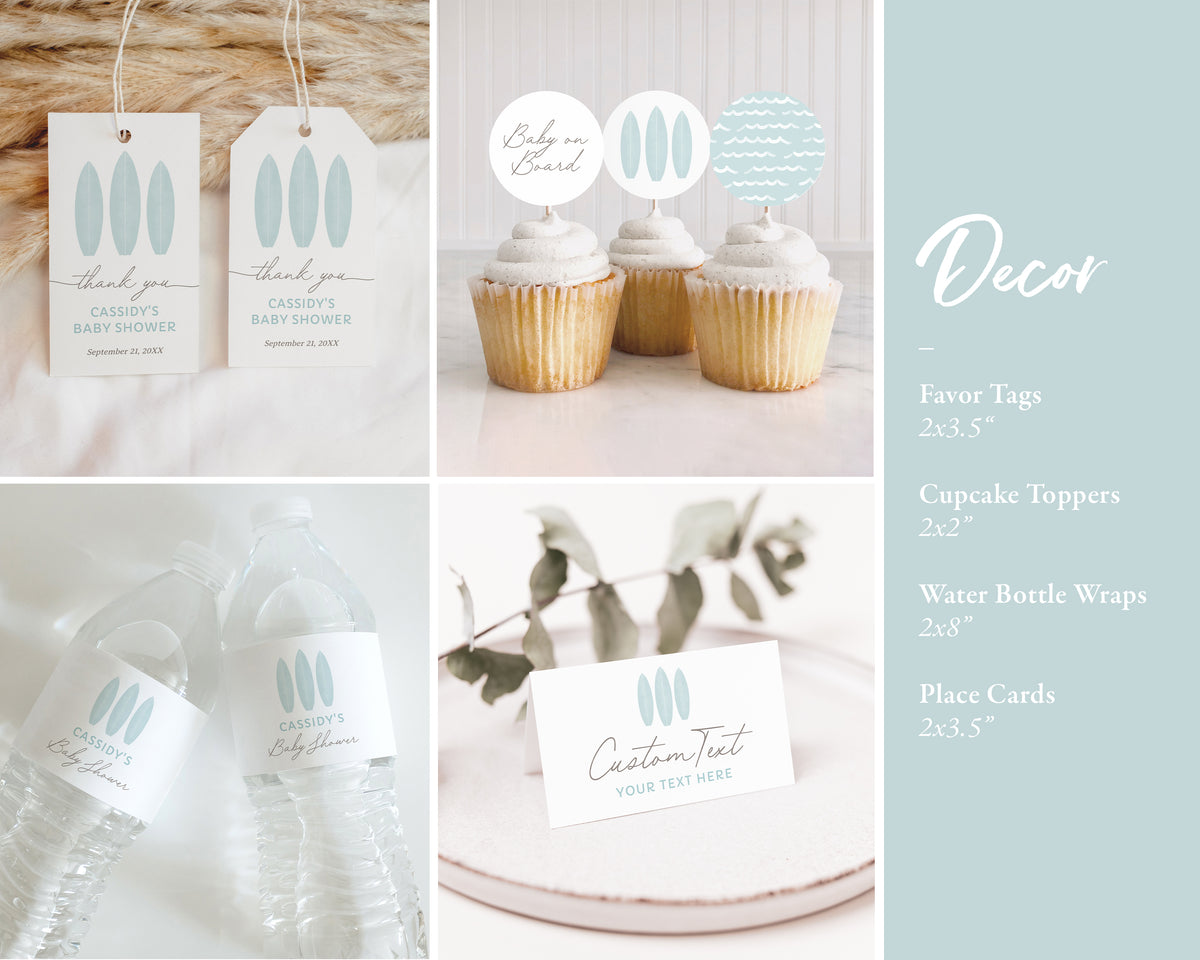 Editable Blue Surfboard Baby Shower Invitation Bundle