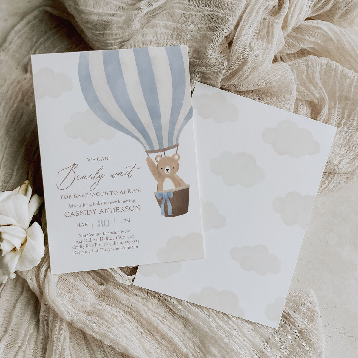 Editable Blue Teddy Bear Hot Air Balloon Baby Shower Invitation Template